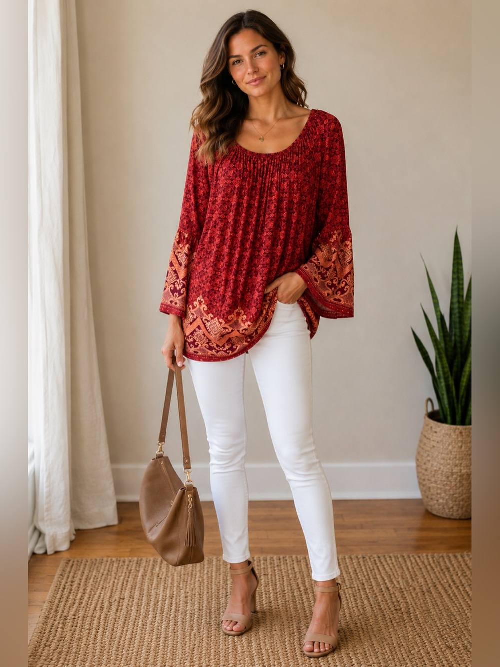 Crimson & Orange Printed Peasant Top - Women